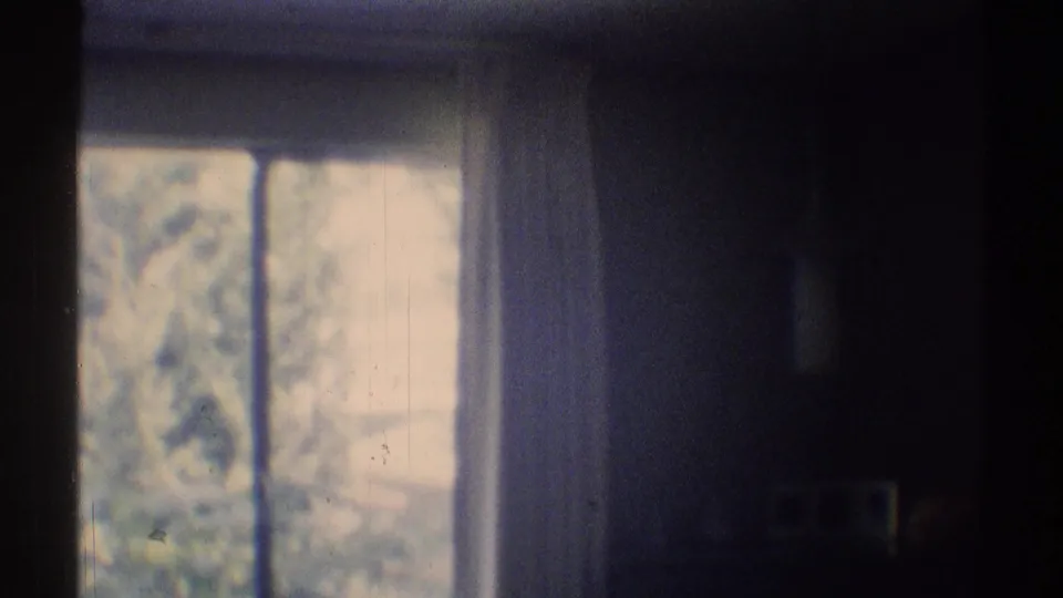 1969 home-movie view of a bathroom window with trees outside, framed by dim cabinetry and wall surfaces.