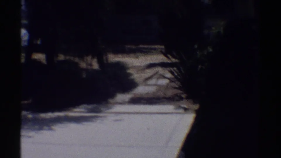 The 1969 home-movie view shifts to a shaded landscaped area beside a concrete walkway.