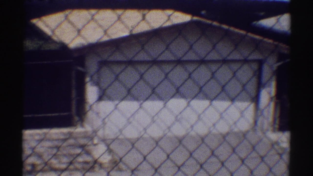 Small pale garage or outbuilding seen through a chain-link fence.