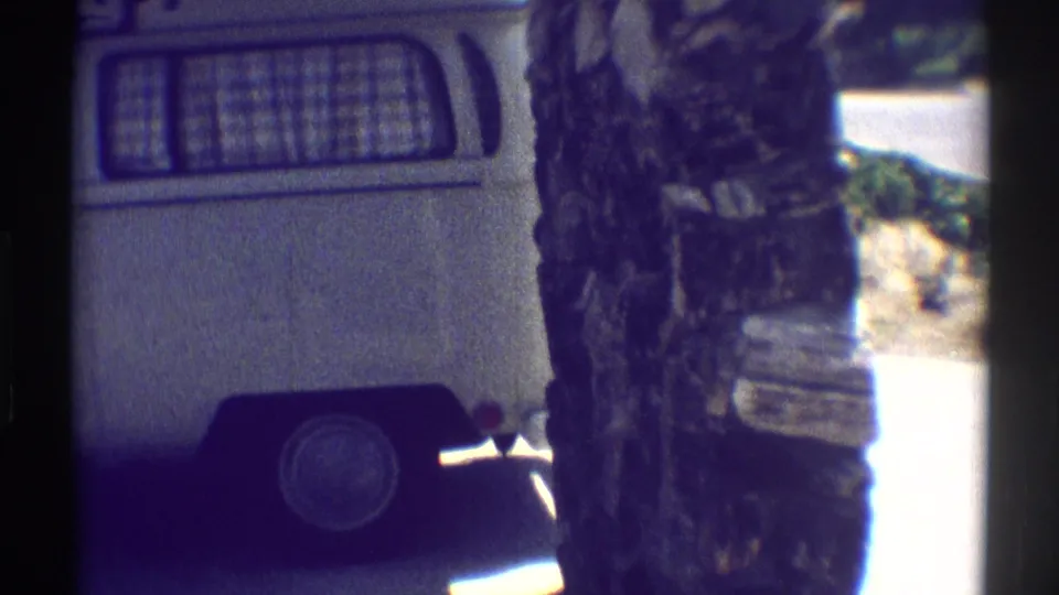 A white Kombi-style van is partly obscured by a palm trunk near a Woodland Hills house exterior in 1969 8mm footage.