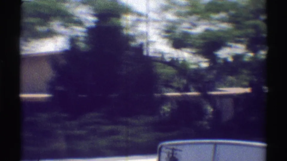 Moving 8mm view through Woodland Hills roadside greenery, with trees, shrubs, fence line, and the car mirror at the lower edge.