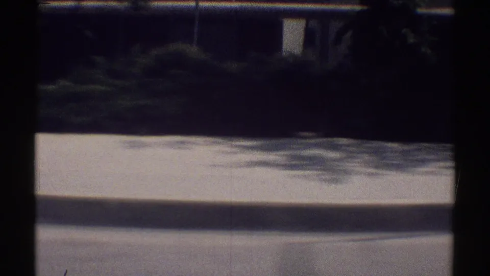 A Woodland Hills driving POV frame with the windshield pillar dividing a dark, blurred view of curbside planting and pavement.