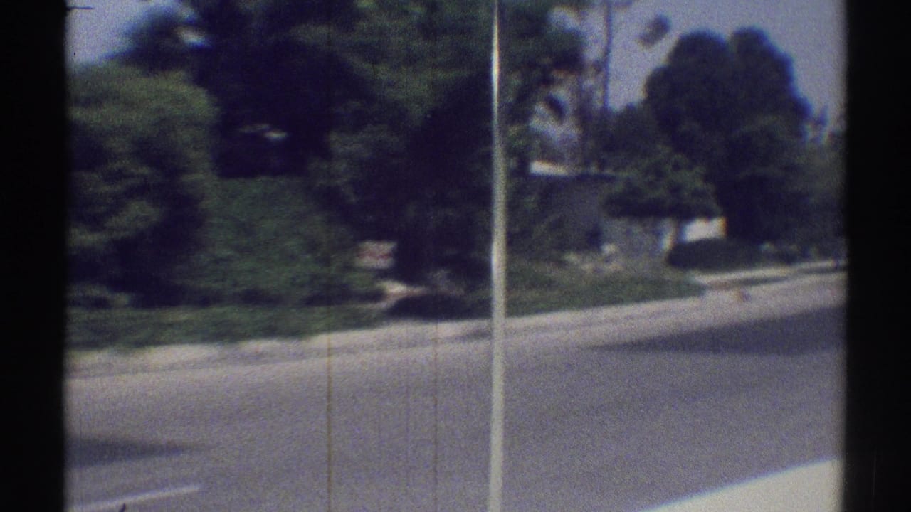 1969 Woodland Hills street view filmed from a moving car, with trees, curbside planting, and residential landscaping beyond the window frame.