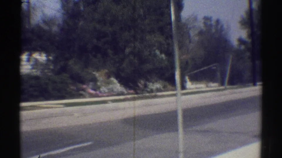 Moving 8mm view of a Woodland Hills street, with heavy tree cover, curb, sidewalk, shrubs, and the car window edge in frame.