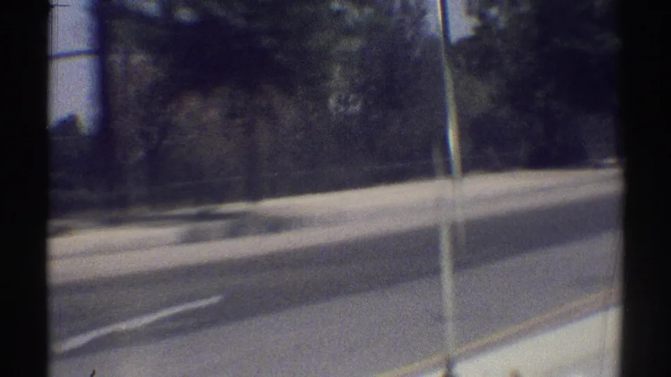 Late-1960s Woodland Hills road view from inside a moving car, showing trees, curb, utility pole, and reflected window divisions.