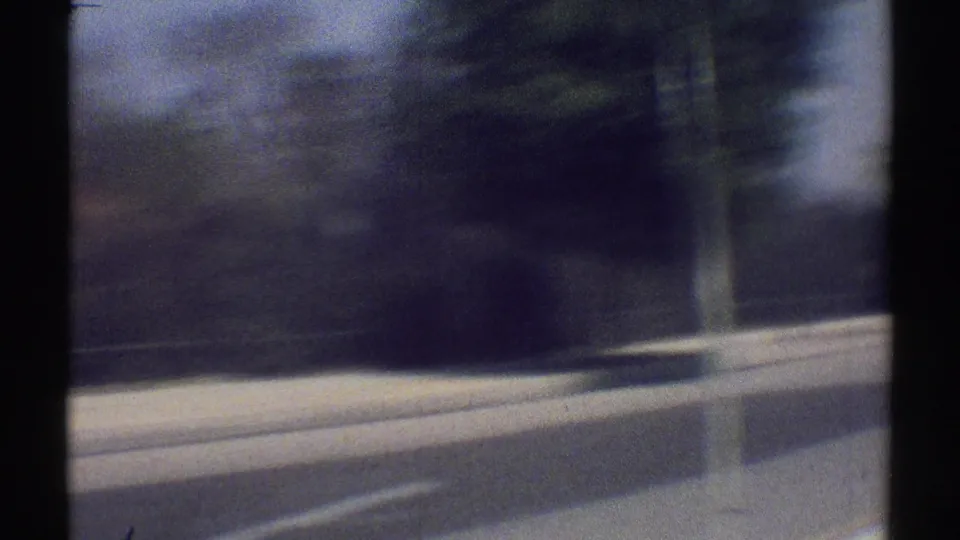 1969 Woodland Hills roadside seen from a moving car, with blurred pavement, trees, and dark vertical interior shadows across the frame.