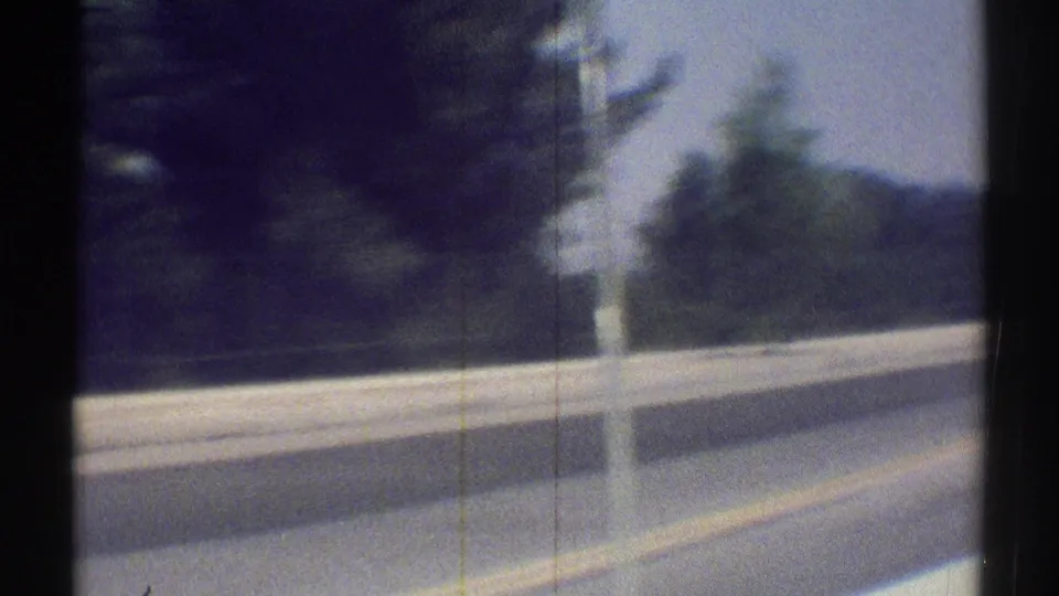 A sunlit 1969 Woodland Hills roadside passes by, showing a utility pole, pavement, trees, and pronounced home-movie motion blur.