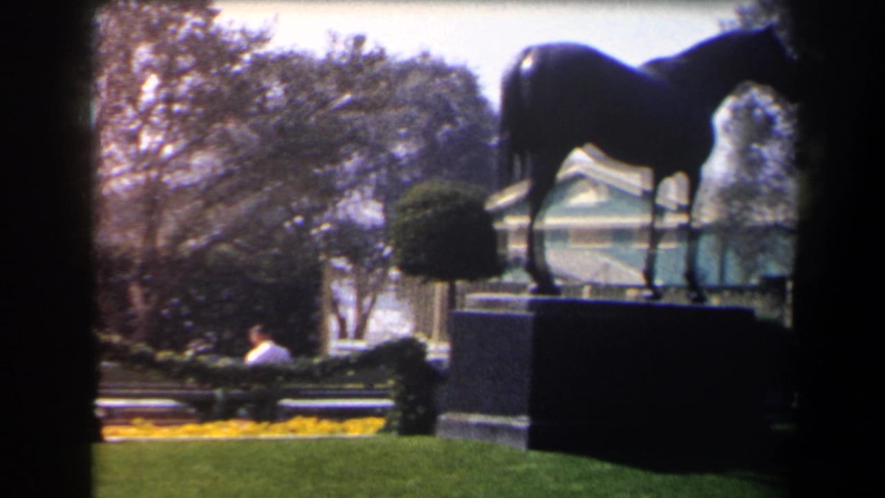 1958 California home-movie frame showing a formal garden with a horse statue, manicured hedges, yellow flowers, and a distant seated visitor.