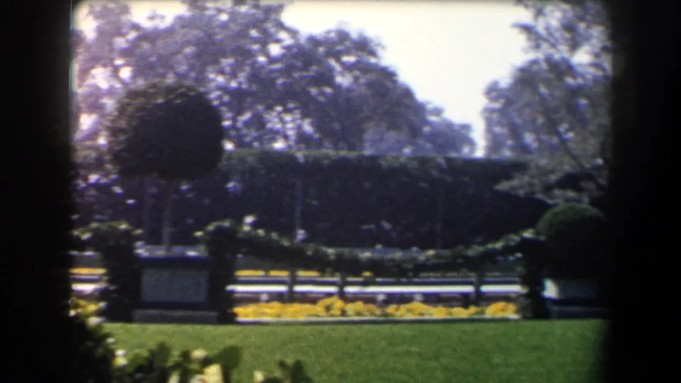 Soft 8mm frame of a California garden in 1958, showing clipped shrubs, yellow flowerbeds, lawn, benches, and a partially visible visitor.