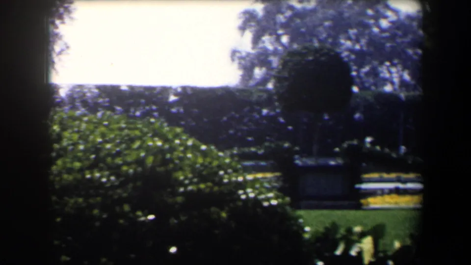 1958 California home-movie frame showing a sunlit formal garden with rounded shrubs, hedges, flowers, lawn, and benches.