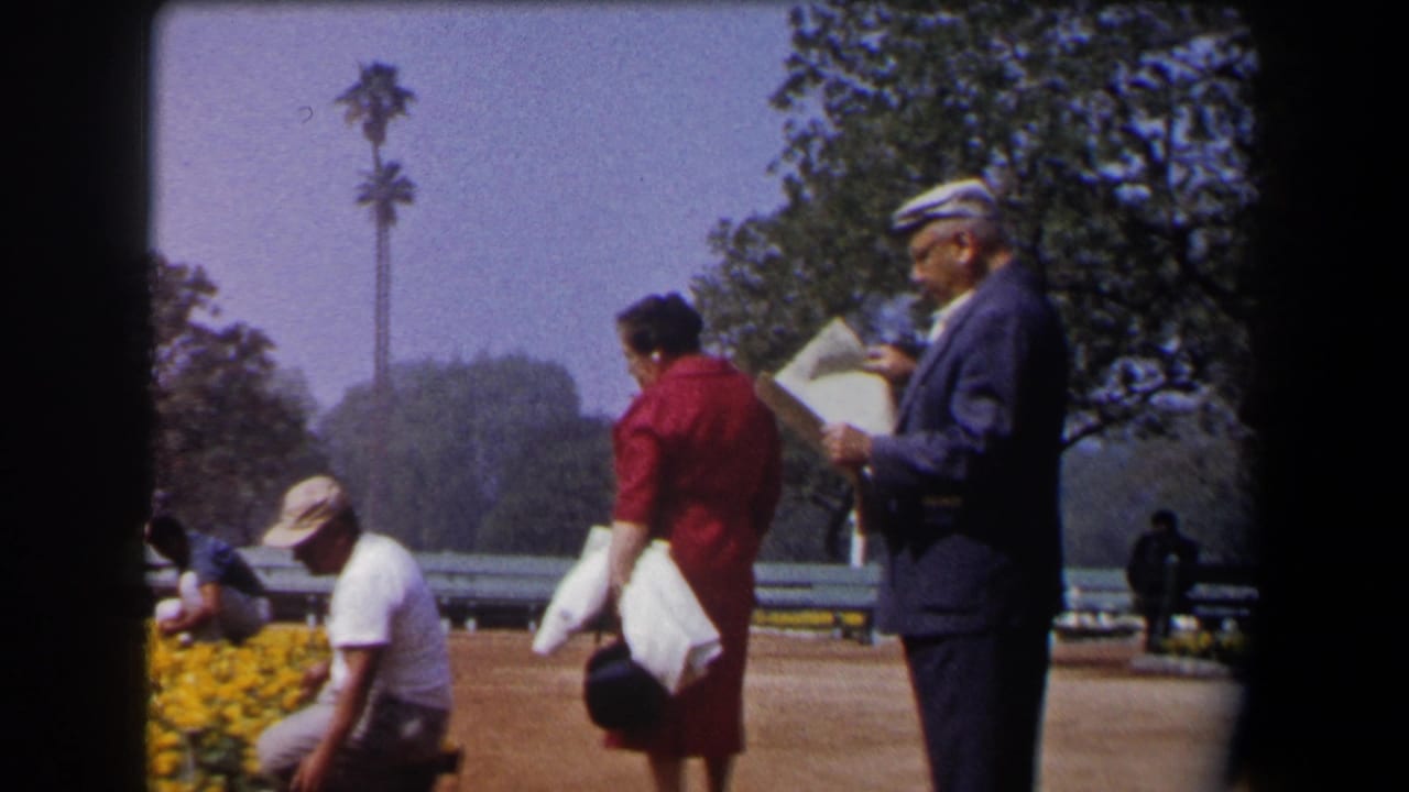 Older man with papers stands near a woman in a red dress in a park plaza.