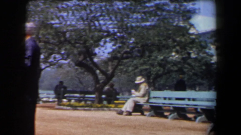 1958 California home-movie view of blue-green benches, seated visitors, a path, trees, and yellow flowers in a public park or plaza.