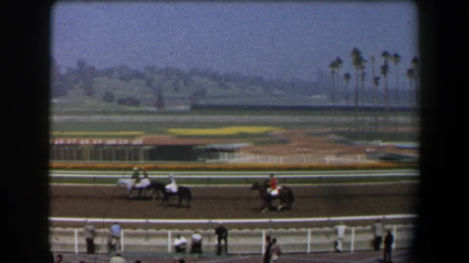 California horse racing scene with two riders on the dirt track, white railings, spectators, and palm trees beyond the infield.