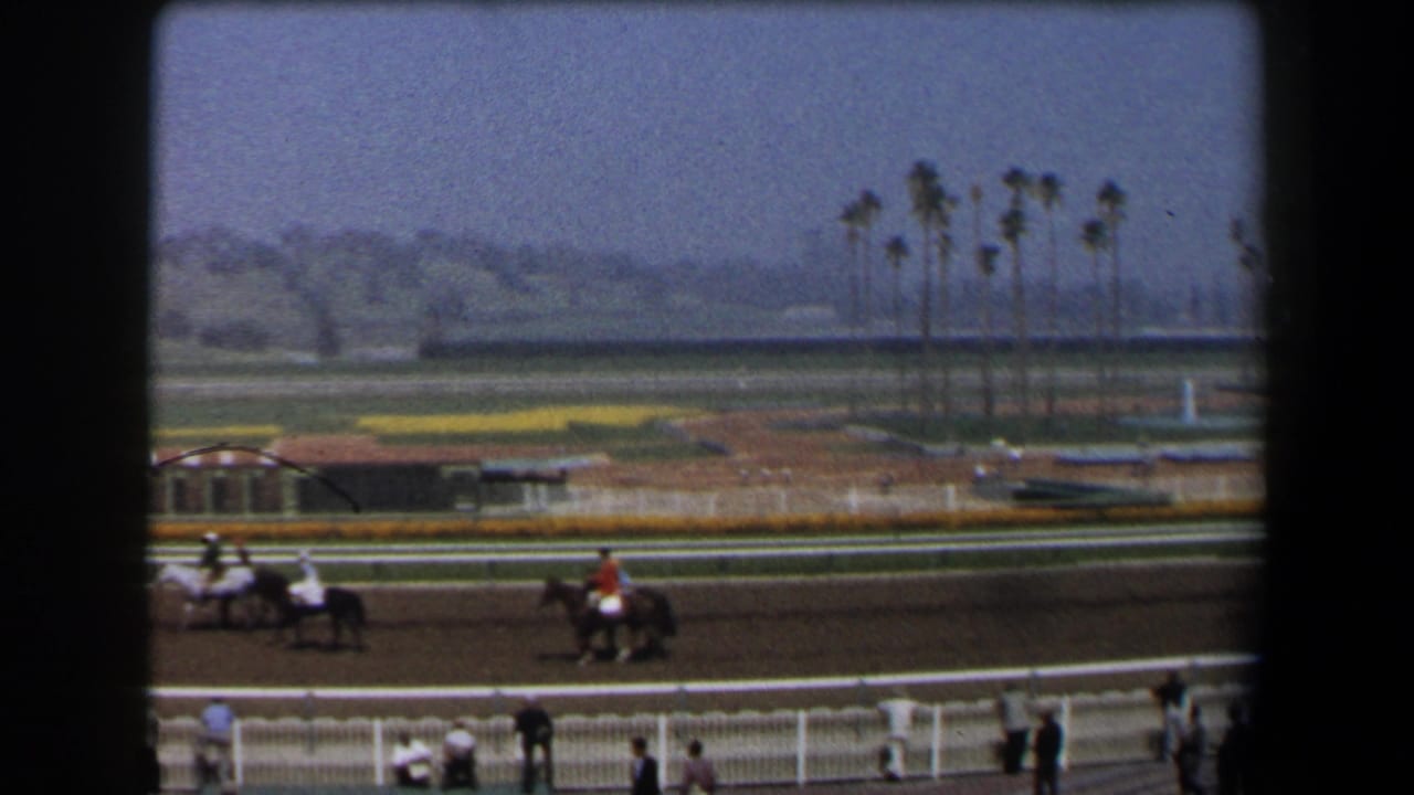 Horses and jockeys pass along a dirt racetrack below silhouetted spectators.
