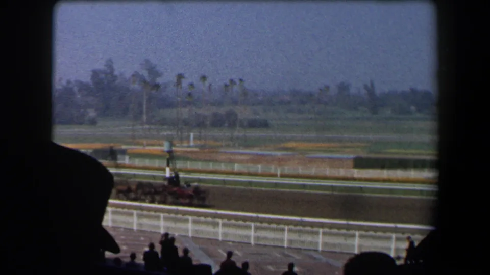 Home-movie view of a 1958 California horse race, with the track, railings, palm trees, and spectators visible from the stands.