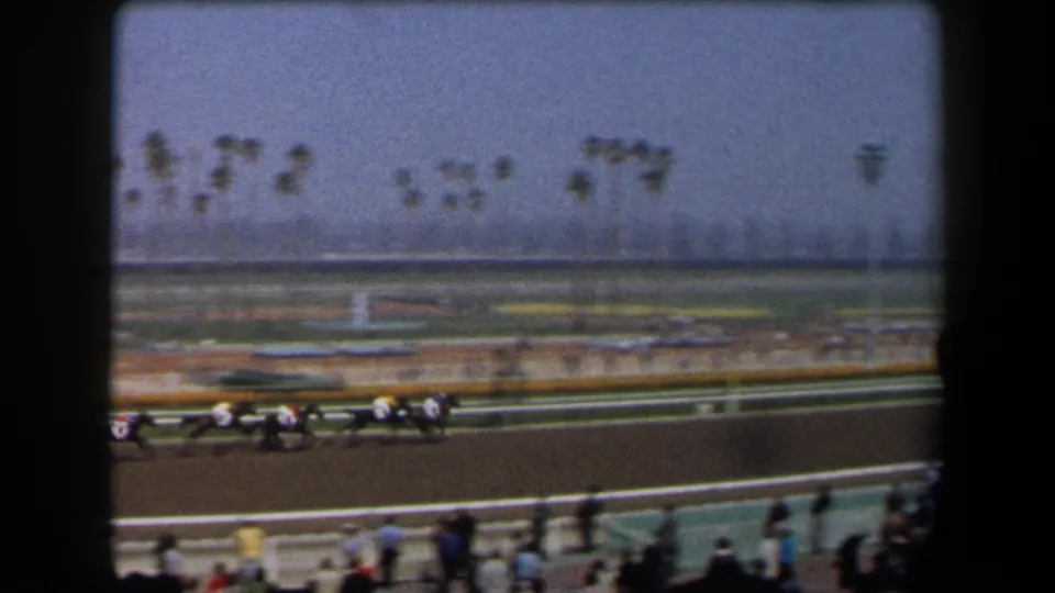 1958 California home-movie frame of horses racing past the stands, with palm trees and blurred spectators visible in the distance and foreground.