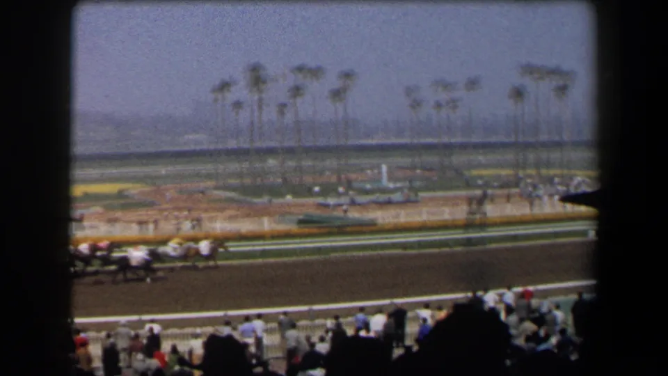 California racetrack scene with jockeys and horses racing past palm trees, spectators, and infield details.