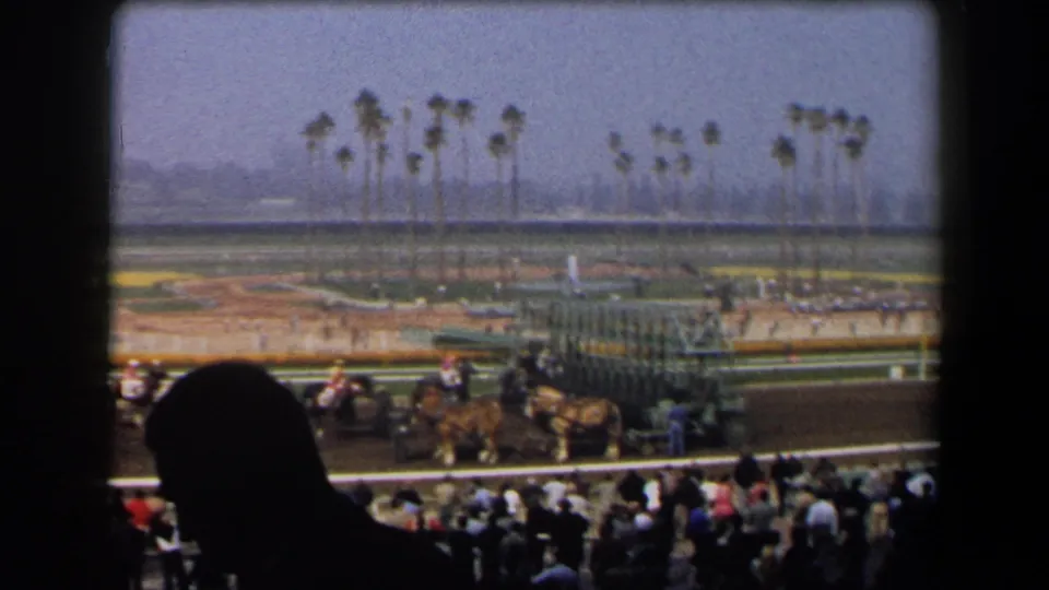 1958 California racetrack scene partly obscured by a spectator silhouette, with horses, gate, crowd, and palm trees visible beyond.