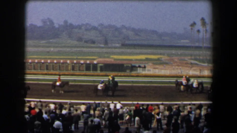 Soft 8mm frame of jockeys and horses on a California racetrack, with rail-side spectators and landscaped infield beyond.