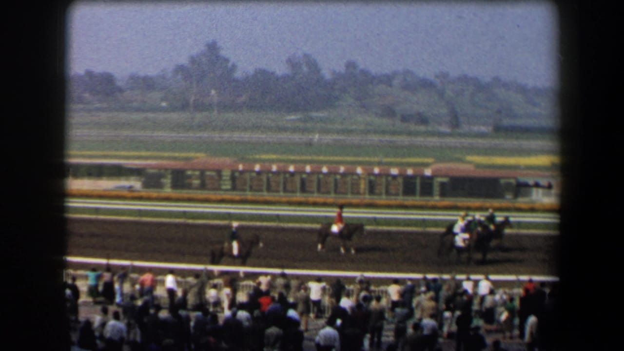 Jockeys ride horses past spectators on a dirt racetrack with fields beyond.