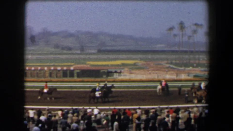 Jockeys ride along a California racetrack in 1958, with spectators below and palm trees beyond the course.