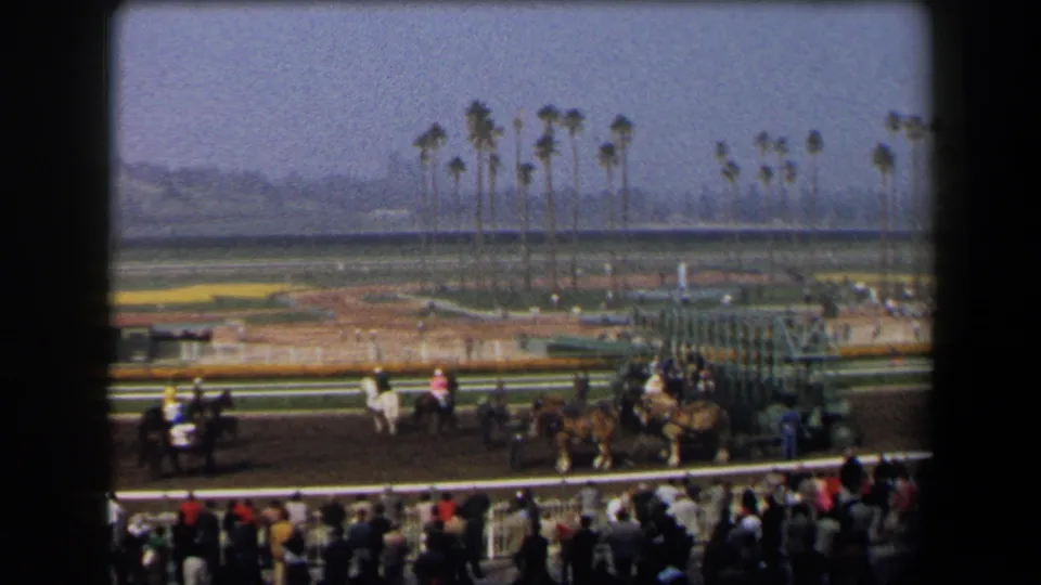 1958 California racetrack view with jockeys and horses near a starting gate, seen from among spectators.