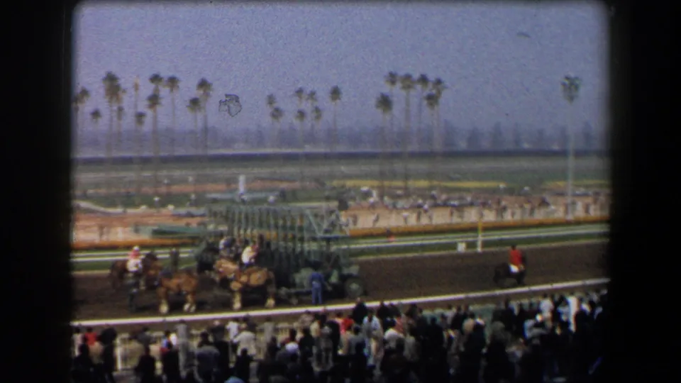 1958 California 8mm view from racetrack grandstands showing horses near a starting gate, crowd silhouettes, railings, and palm trees beyond the track.