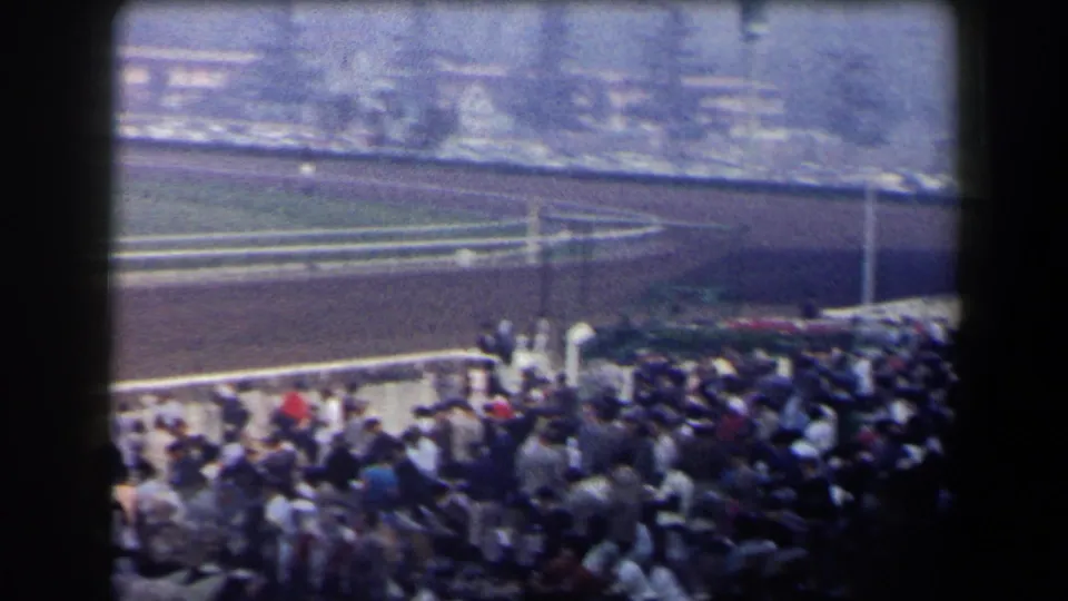 Packed California racetrack bleachers in 1958, with the dirt track and rail visible below the crowd.