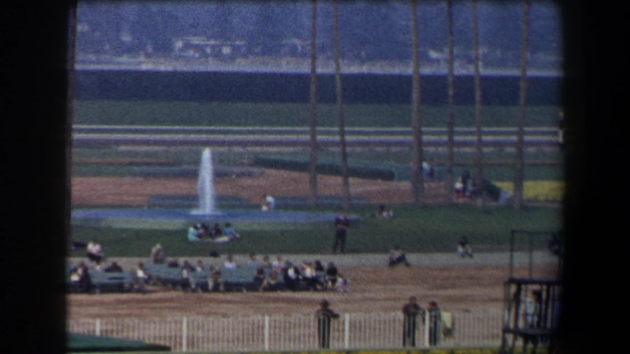 1958 California home-movie view of spectators beside a sunlit racetrack infield with a fountain, white railings, and palm trees.