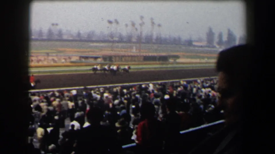 Horses and jockeys run past grandstand spectators at a 1958 California racetrack, with palm trees and infield structures beyond the rail.