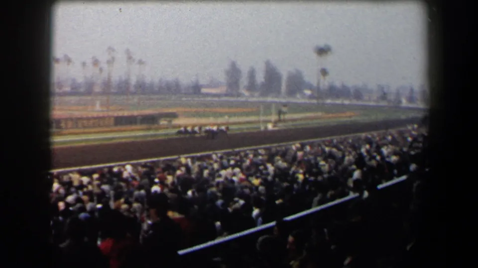1958 California home-movie view from a packed grandstand as horses run along a racetrack in the distance.