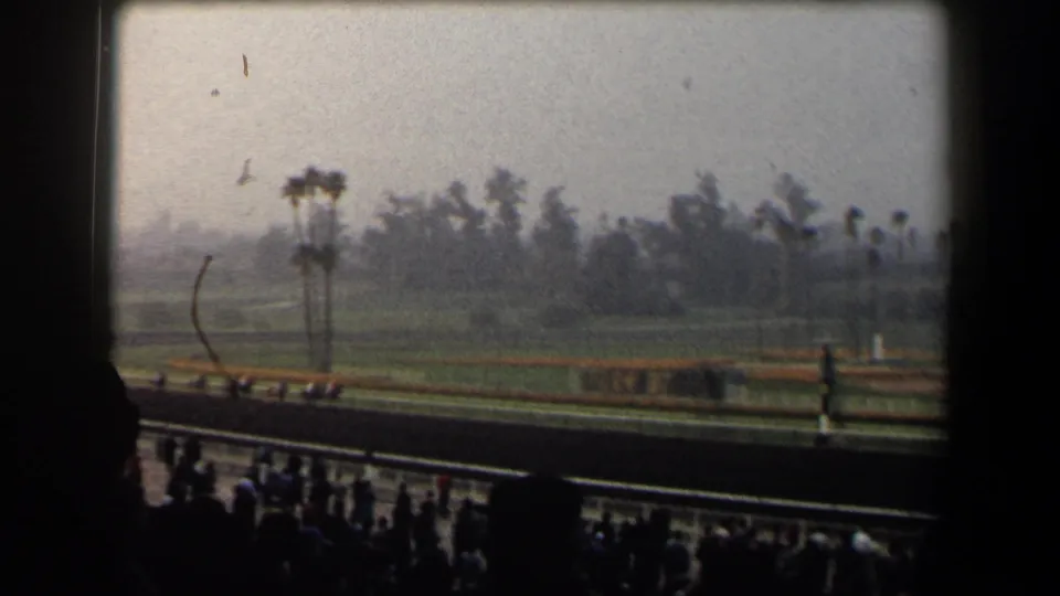 A softer 8mm view of the racetrack shows palm trees, empty track foreground, and spectators at the bottom of the frame.
