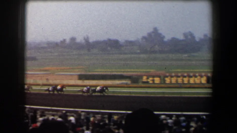 Home-movie view of jockeys and horses racing past the stands at a 1958 California racetrack.