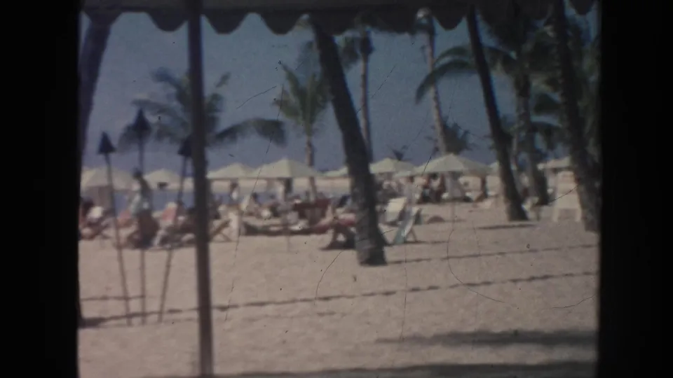 A Hawaii beach scene shows palm trees, rows of umbrellas or cabanas, and vacationers spread across the sand under bright daylight.