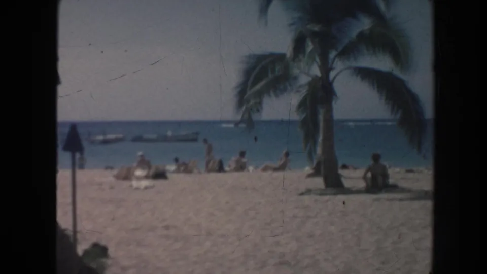 1961 Hawaii beach scene with people relaxing on sand, a palm tree in the foreground, and small boats on the ocean horizon.