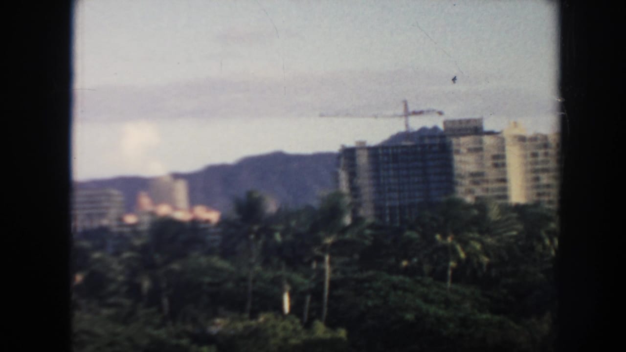 1961 Hawaii view across palms toward modern buildings, a crane, and mountains, framed by a dark vertical divider.