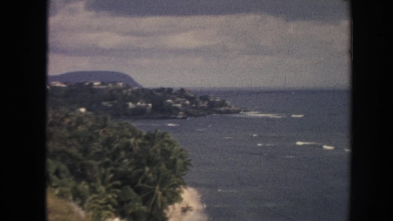 Palm-lined Hawaiian shoreline with ocean, distant hillside, cloudy sky, and film border.