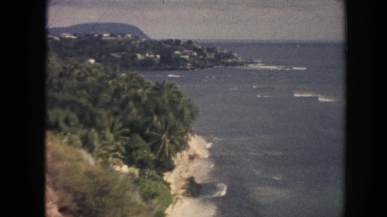 Coastal headland with palms, rocky shore, ocean surf, hillside homes, and cloudy sky.