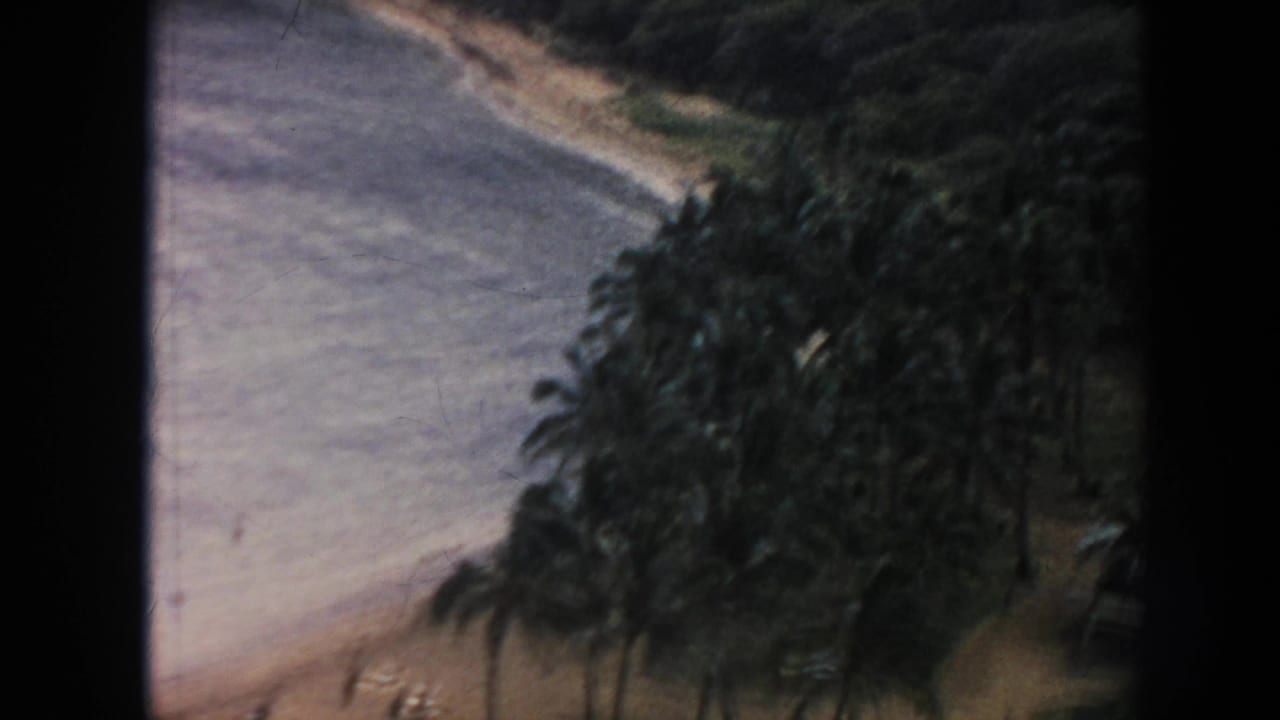 1961 Hawaii 8mm frame looking down toward Hanauma Bay shoreline with palms, shallow water, sandy beach, and hillside vegetation.