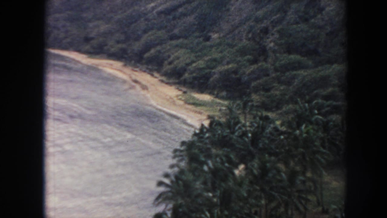 1961 Hawaii 8mm view across Hanauma Bay with pale surf, sandy shoreline, dense green hillside, and palm trees in the foreground.