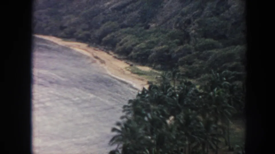1961 Hawaii 8mm view across Hanauma Bay with pale surf, sandy shoreline, dense green hillside, and palm trees in the foreground.