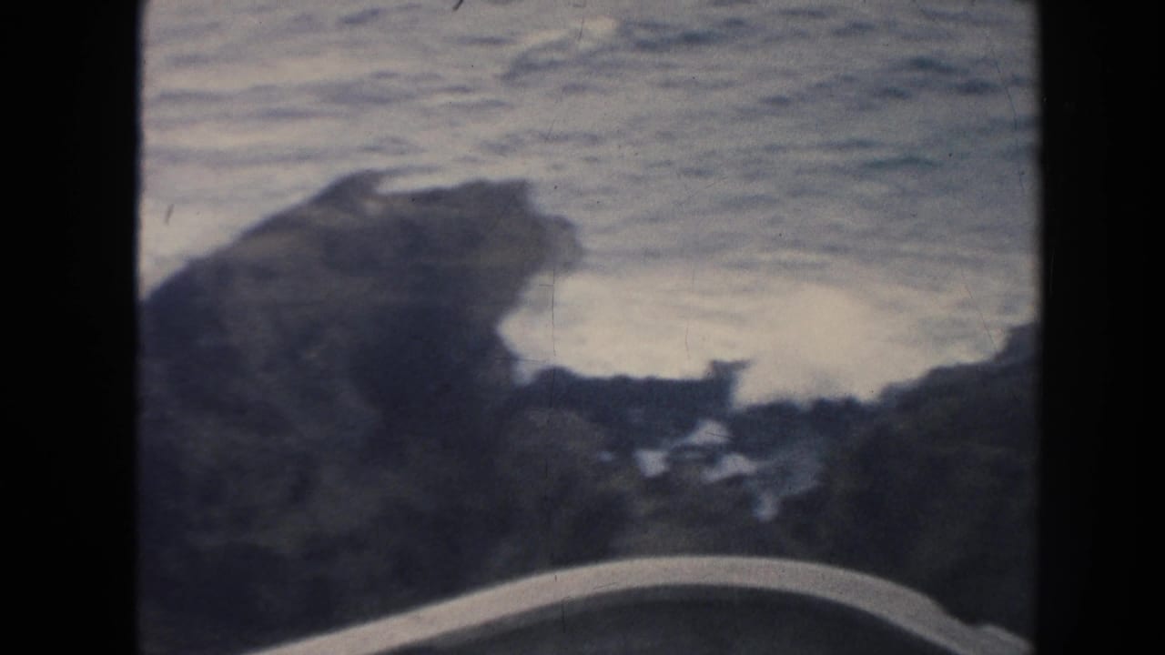Rough ocean water breaks over dark shoreline rocks with a pale curved edge at the bottom.