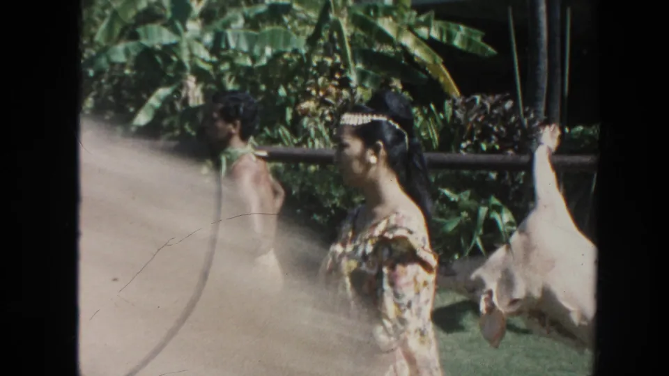 1961 Hawaii frame with adults near a whole pig hanging from a pole, partly veiled by light flare and visible film wear.