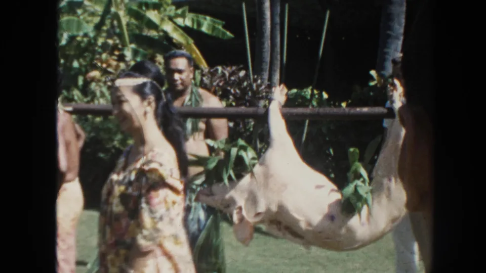 1961 Hawaii home-movie frame with a smiling woman, men in the background, and a white hog tied to a pole against dense tropical greenery.