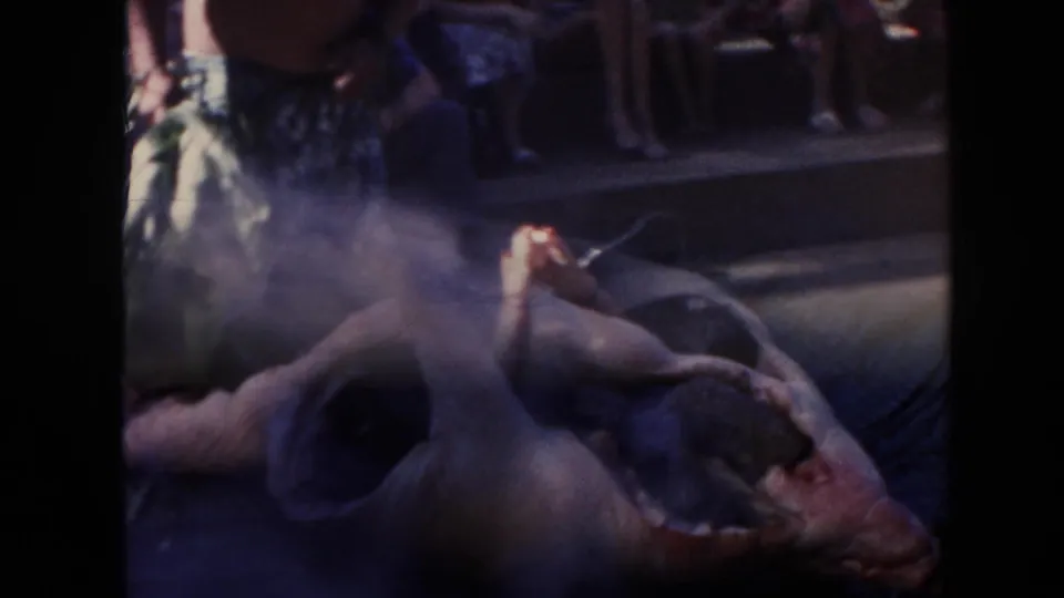 1961 Hawaii 8mm frame showing a large animal carcass on bare ground with smoke and a person partly visible at the edge.