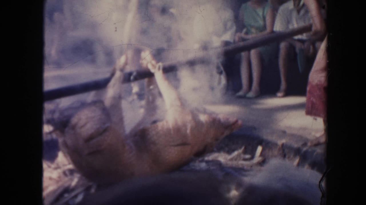 Smoke rises around a pig on a spit with seated spectators in the background.