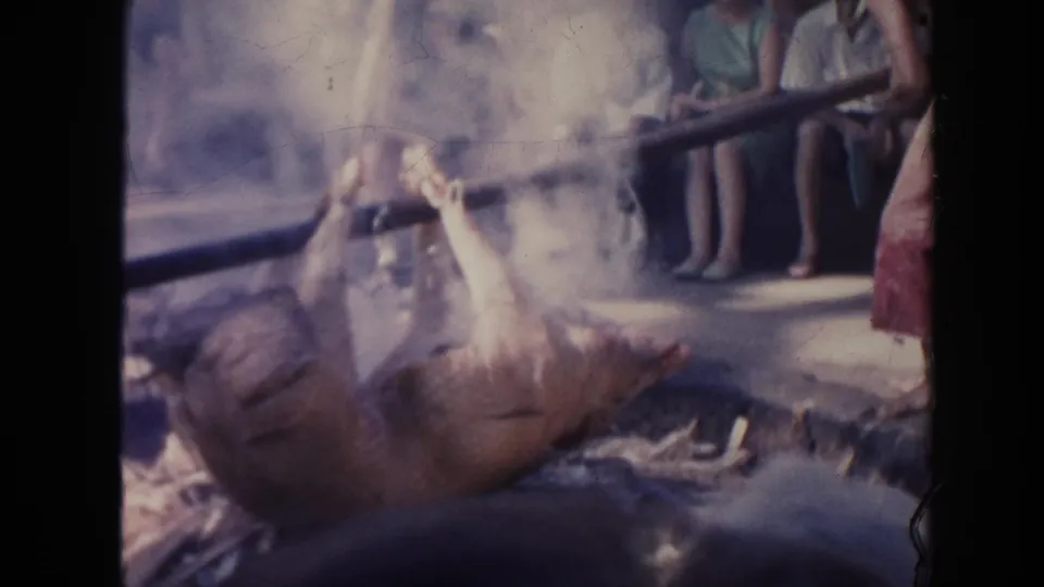 Smoke partially obscures a pig roasting on a spit in a Hawaii home-movie scene with people seated behind it.