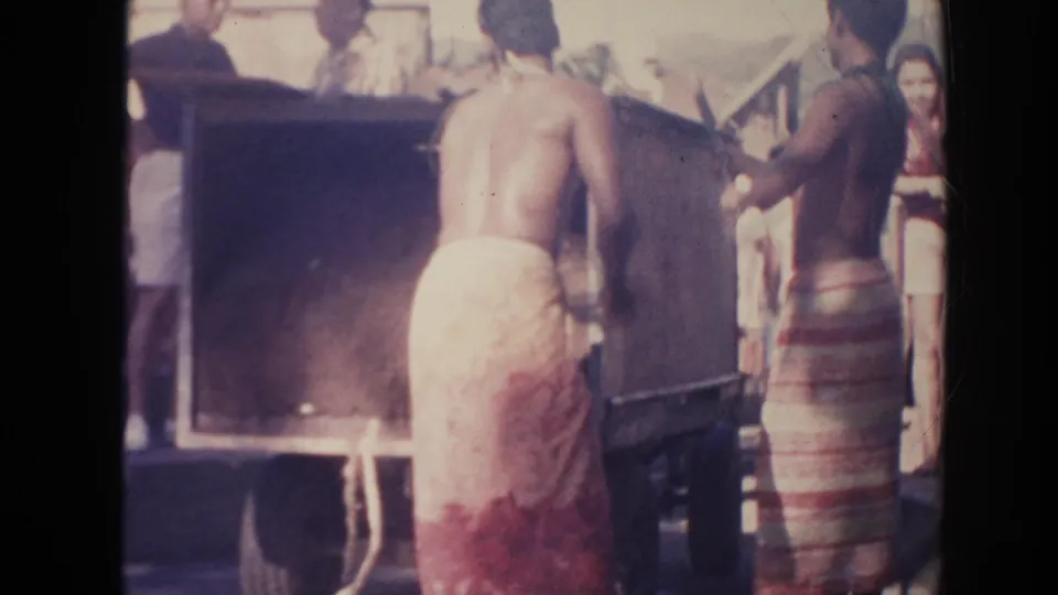 Men in wraparound skirts stand near the rear and side of a wooden wagon while people watch in a sunlit Hawaii setting.