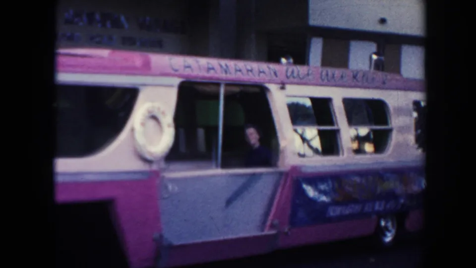 Side view of the pink and white bus in Hawaii, with a person visible at one window and signage or markings along the upper side.