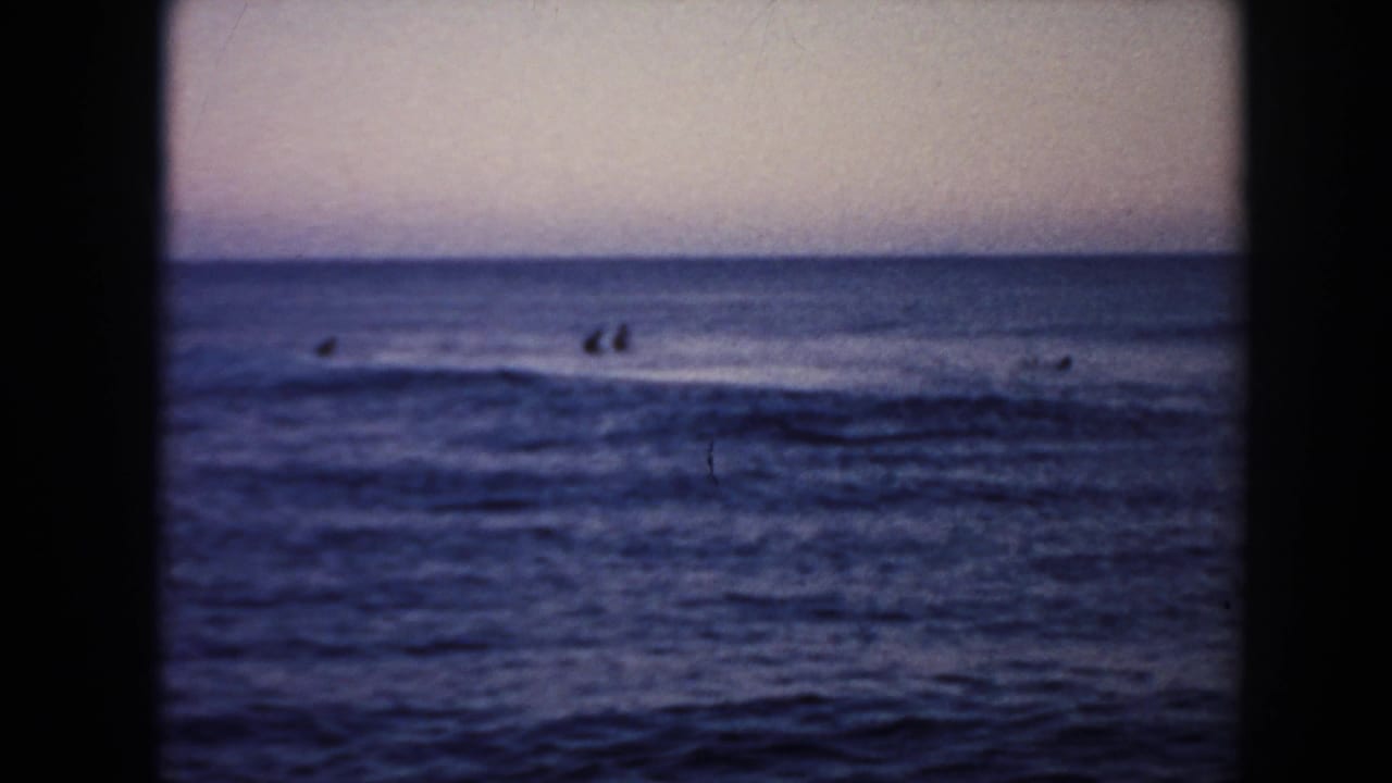 Distant surfers wait in dark blue ocean water under a pale dusk horizon.